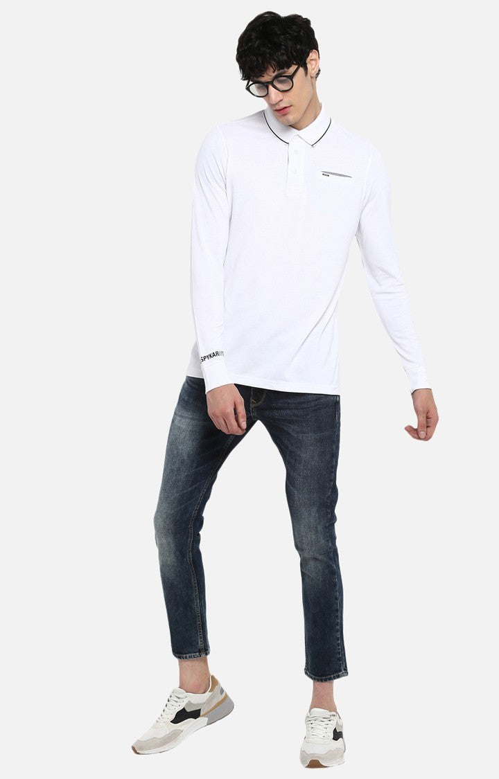 Spykar White Solid Slim Fit Polo T-Shirt