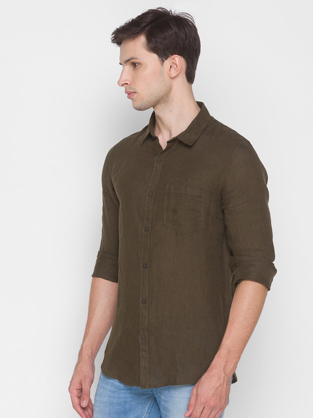 Spykar Slim Fit Green Cotton Men Shirt