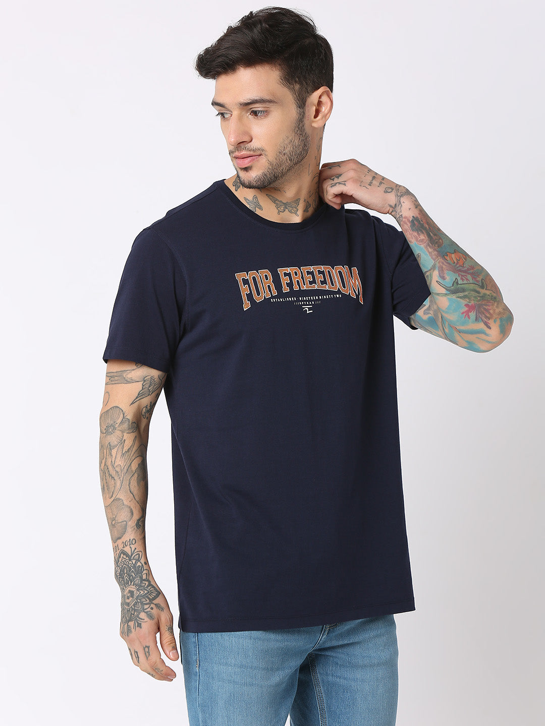 Spykar Men Navy Blue Cotton Regular Fit Round Neck Printed T-Shirt