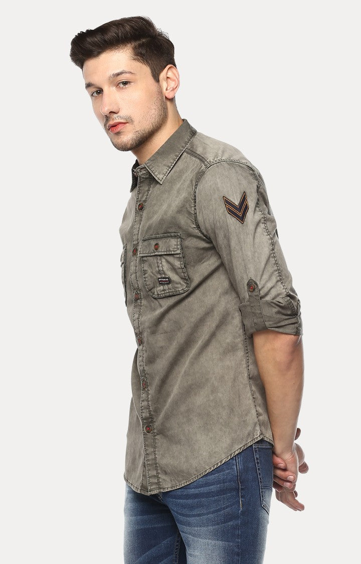 Spykar Men'S Green Cotton Solid Casual Shirts