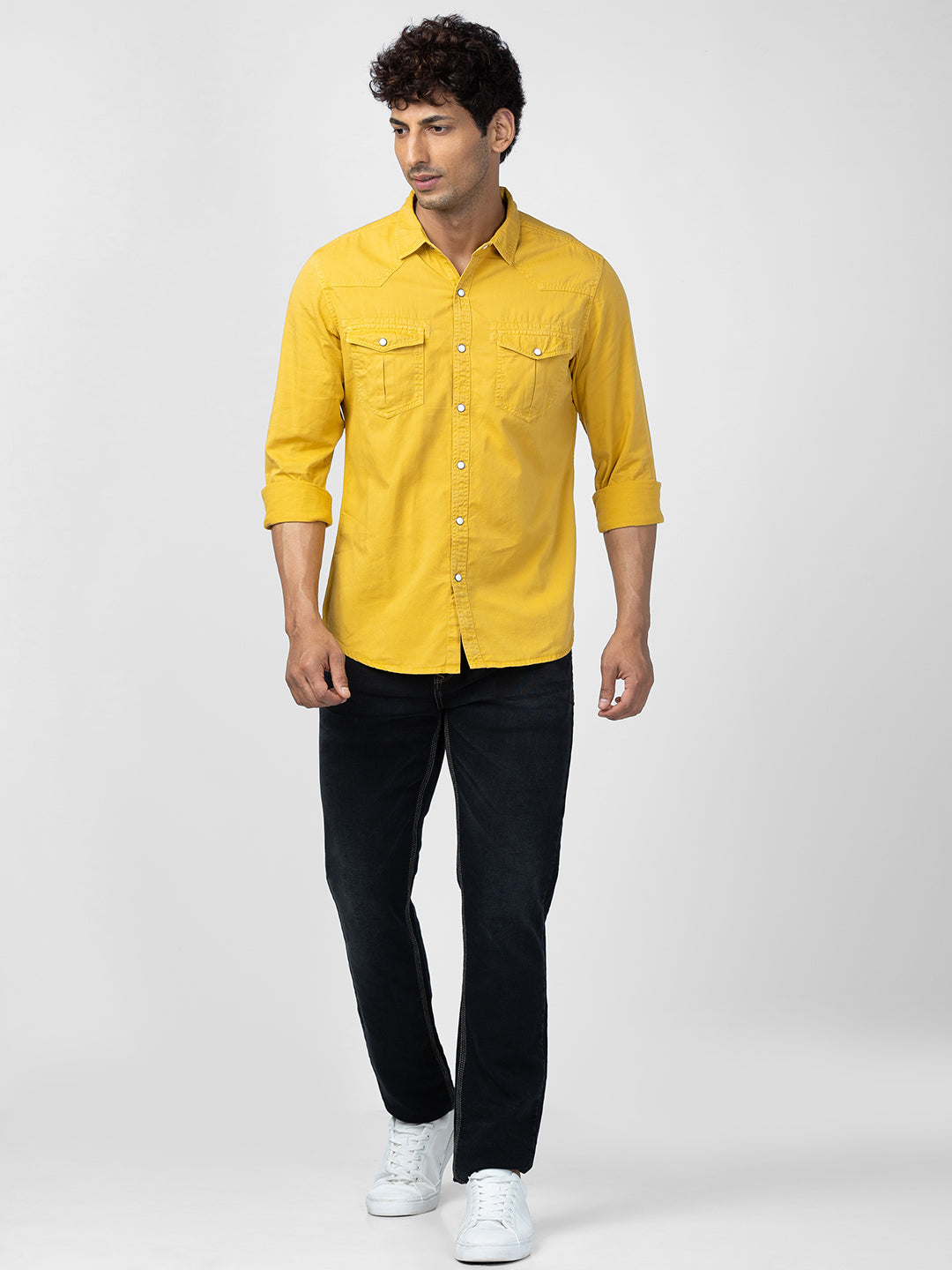 Spykar Men Sulphur Yellow Cotton Slim Fit Plain Shirt