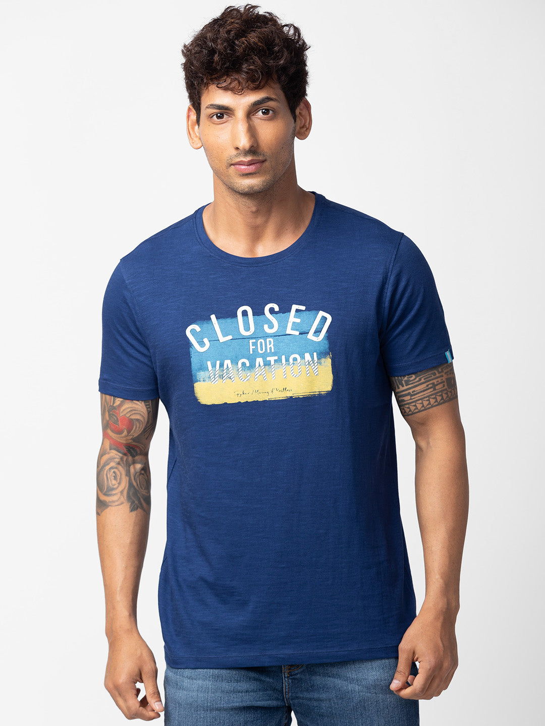 Spykar Men Indigo Blue Cotton Regular Fit Half Sleeve Printed T-Shirt