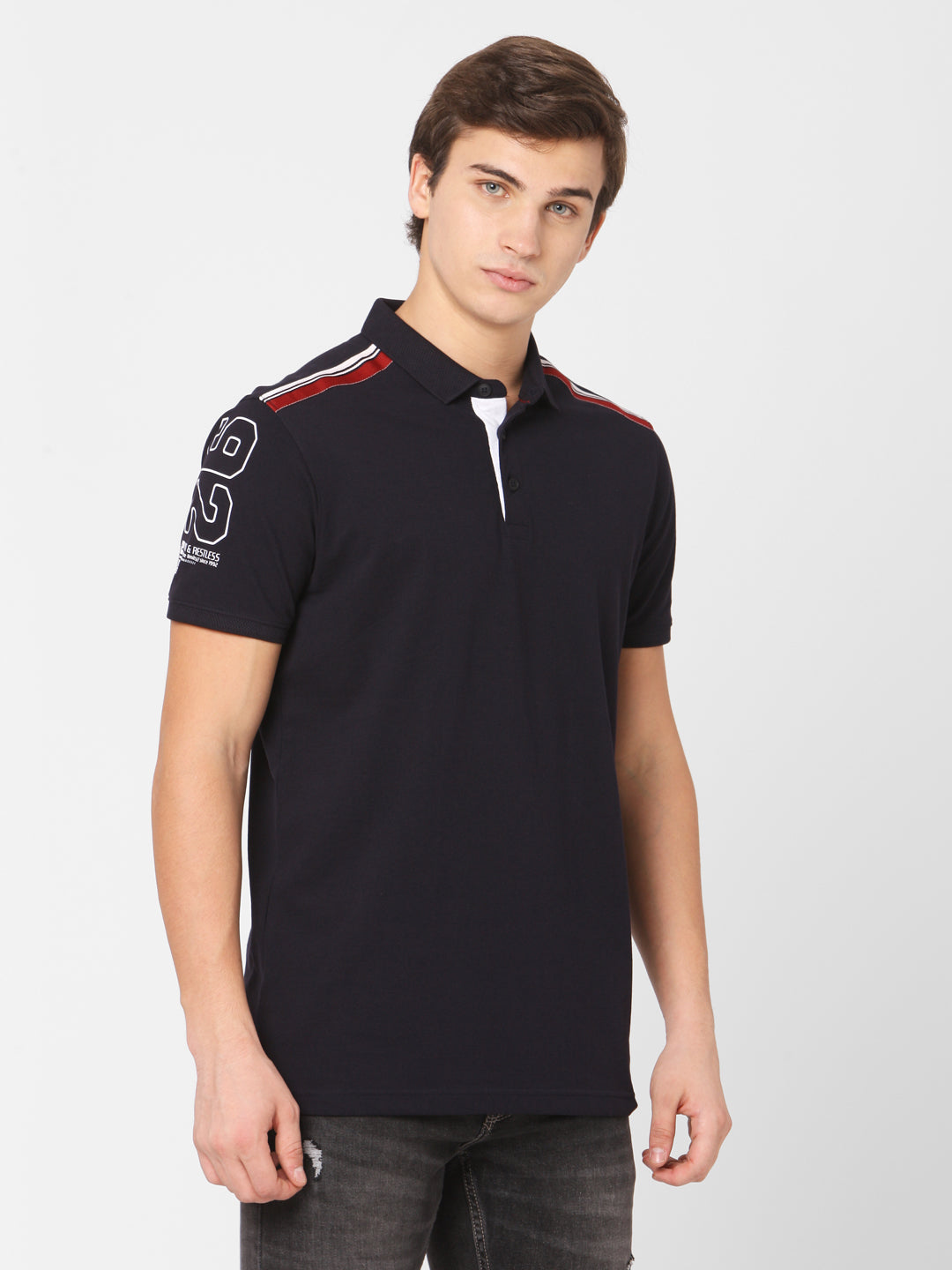 Spykar Men Blue Cotton Slim Fit Polo T-Shirt