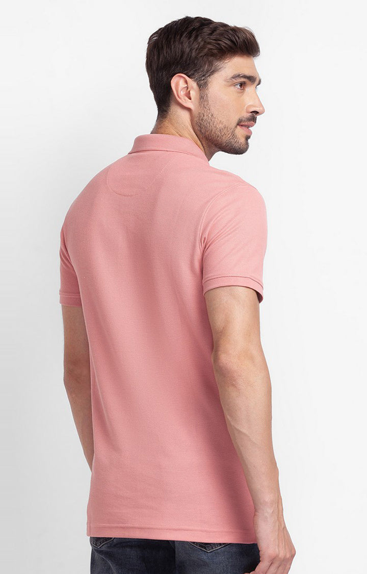 Spykar Peach Pink Cotton Half Sleeve Plain Casual Polo T-Shirt For Men