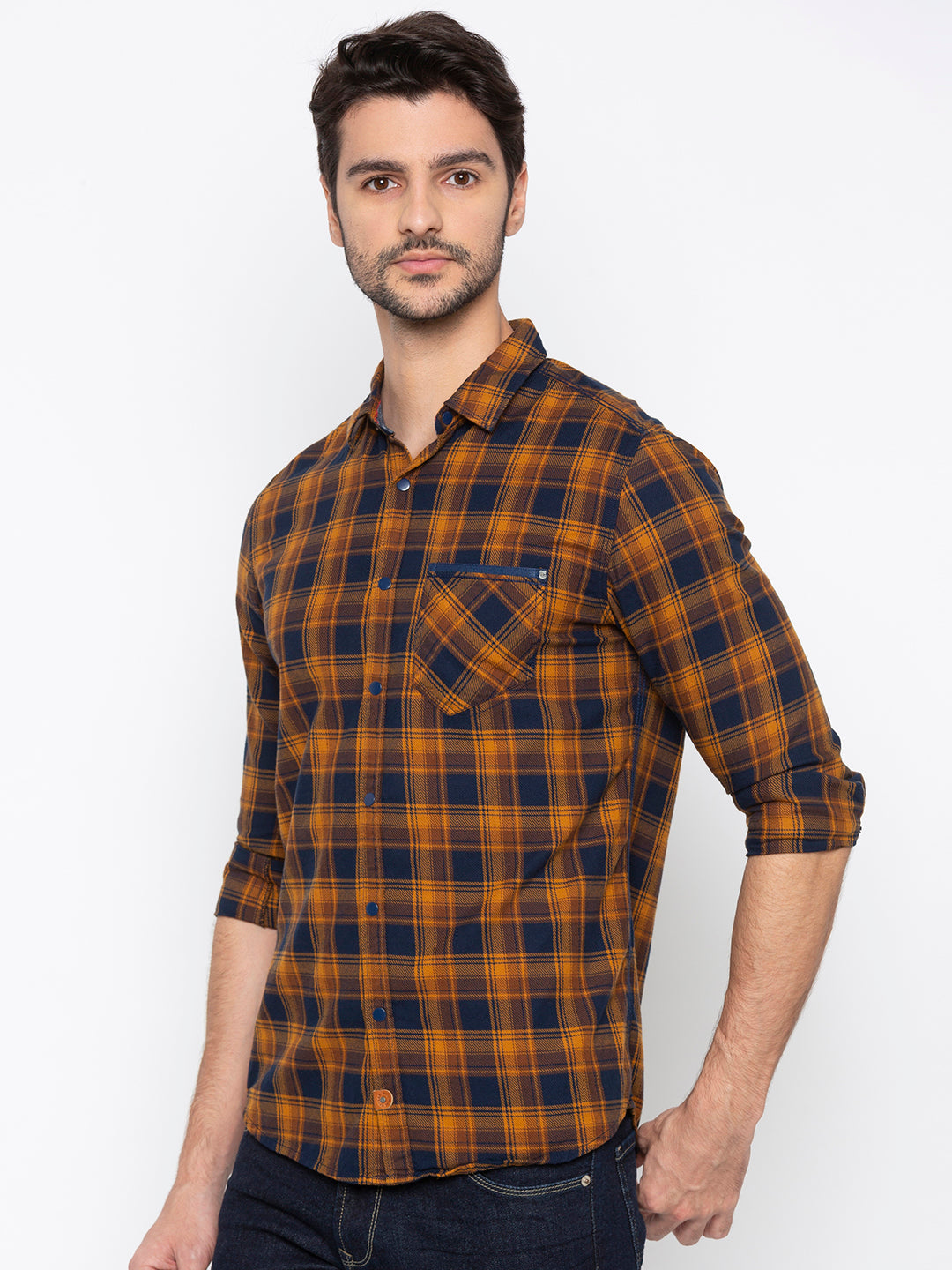 Spykar Men Khaki Checked Slim Fit Casual Shirt