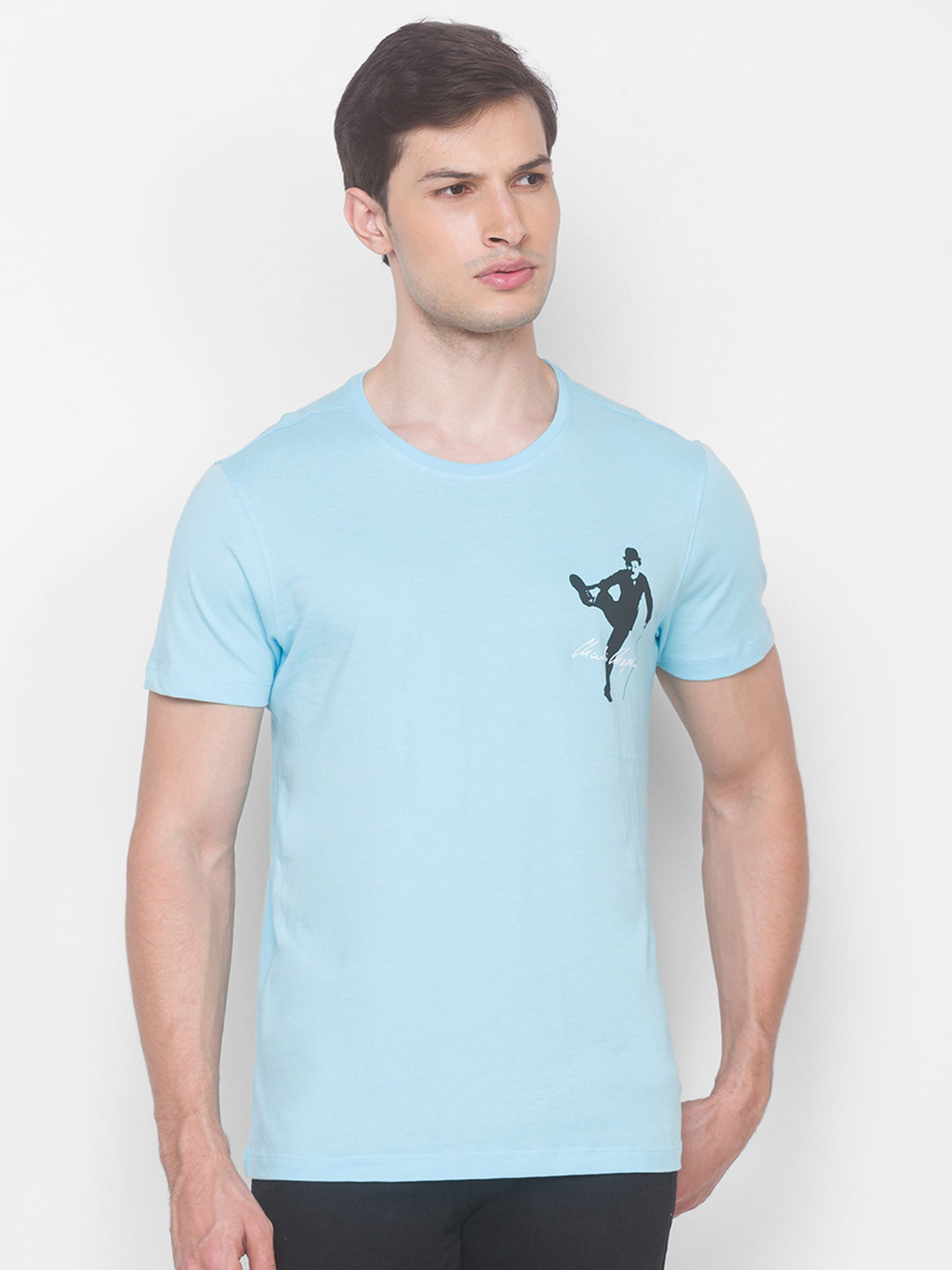 Charlie Chaplin Spykar Men Blue Cotton Slim Fit Round Neck T-Shirt