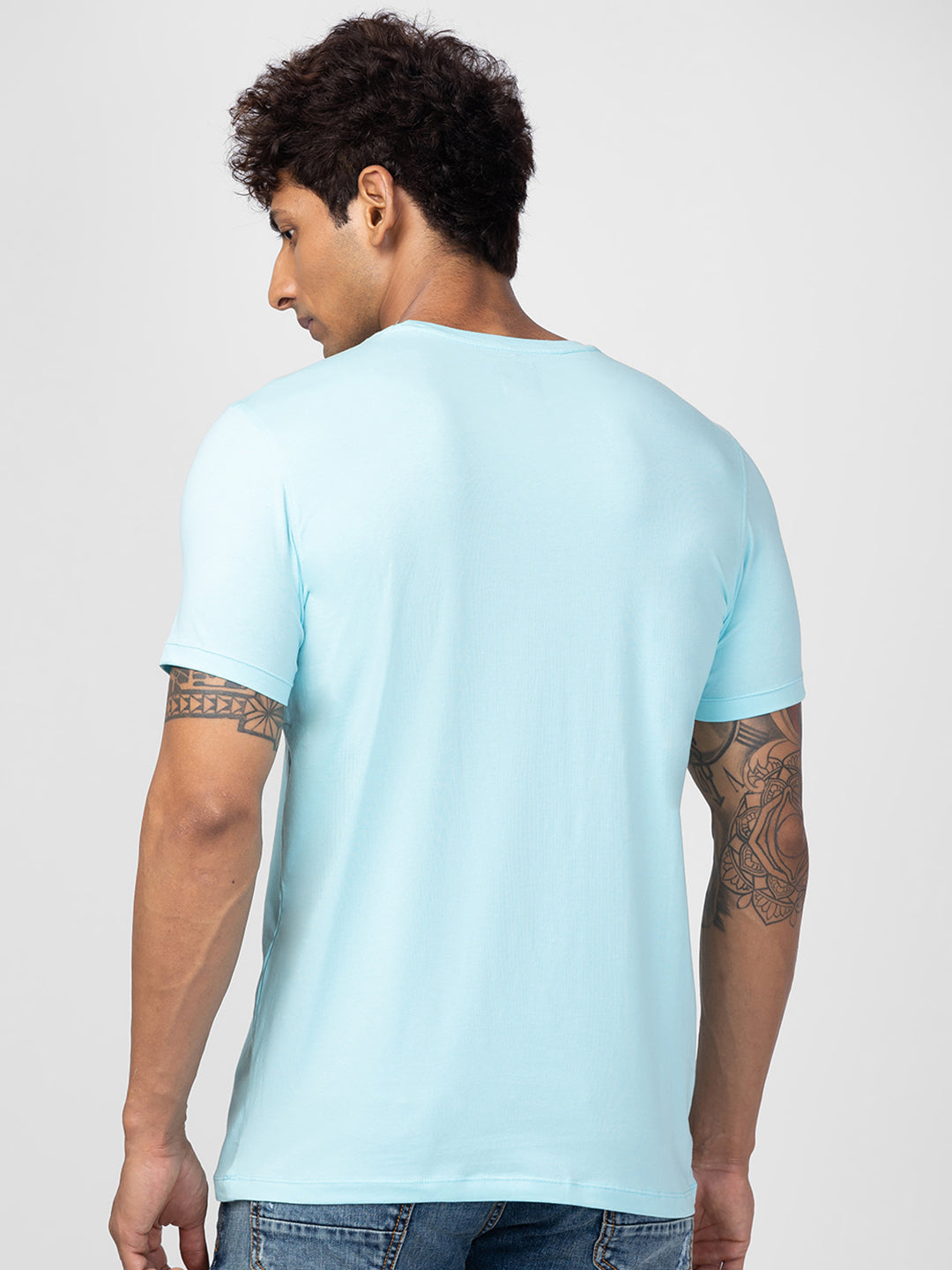 Spykar Men Bleached Aqua Cotton Regular Fit Half Sleeve Printed T-shirt