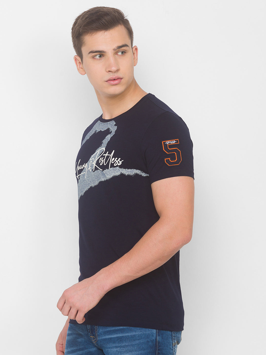 Spykar Men Blue Cotton Slim Fit Round Neck T-Shirt