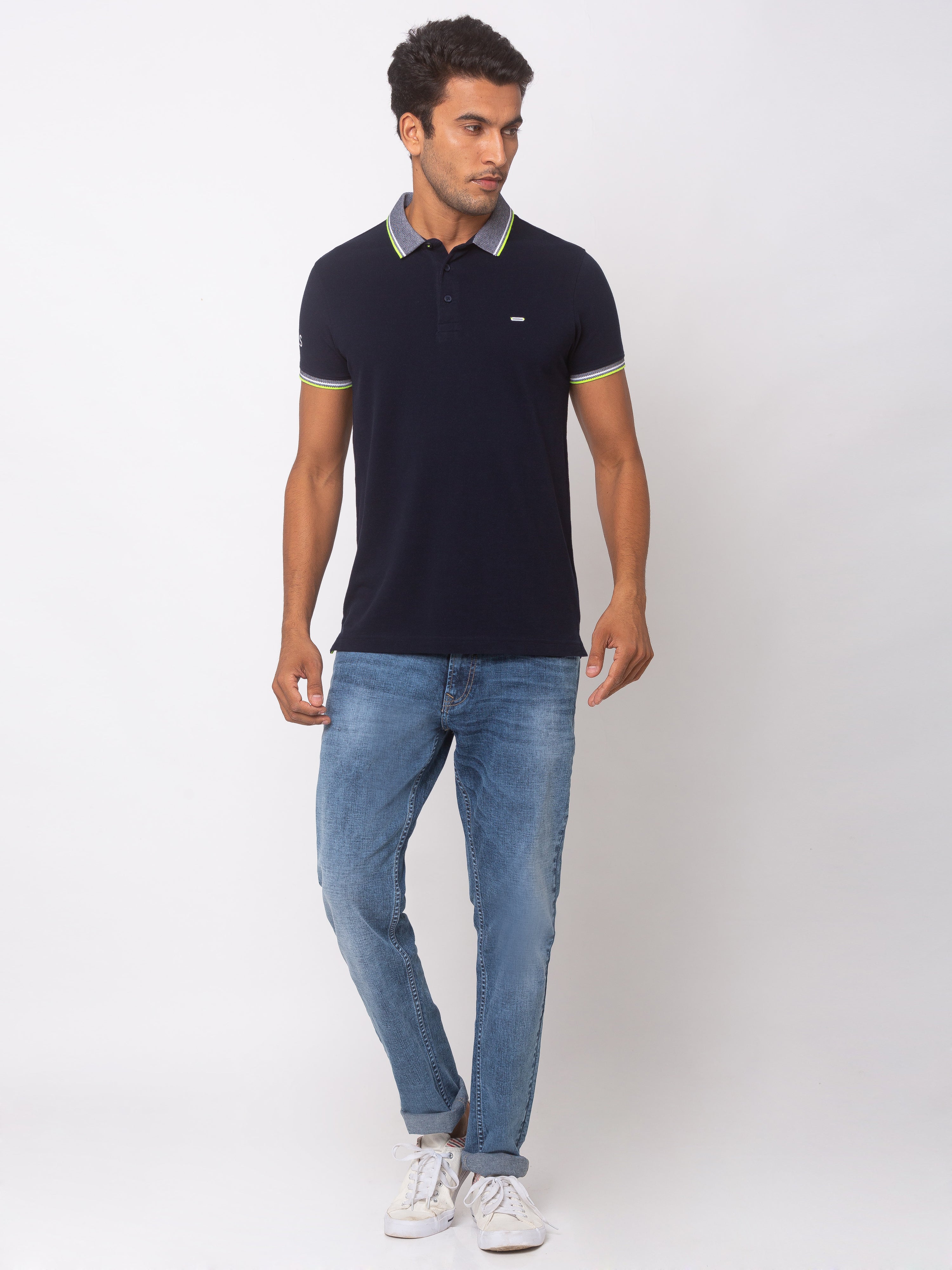 Spykar Men Blue Cotton Slim Fit Polo T-Shirt