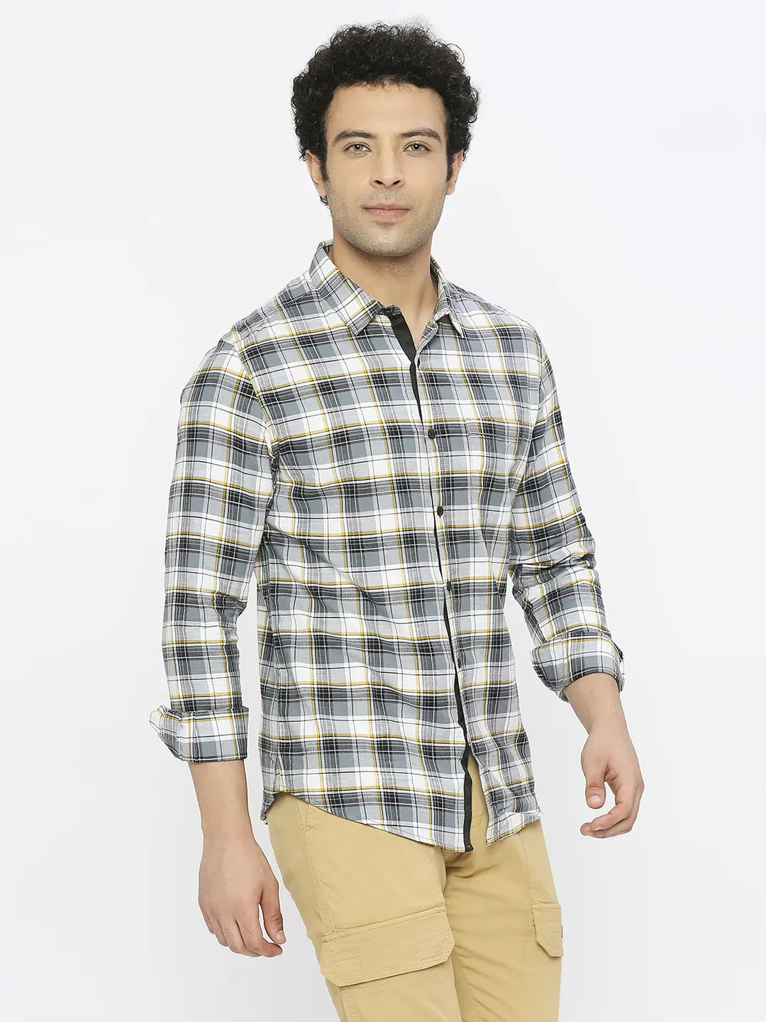 Spykar Men Grey Slub Slim Fit Full Sleeve Checkered Shirt