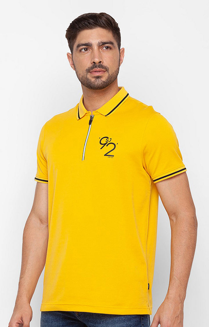 Spykar Yellow Cotton Half Sleeve Plain Casual Polo T-shirt For Men
