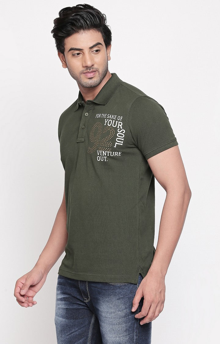 Spykar Olive Printed Slim Fit Polo T-Shirt