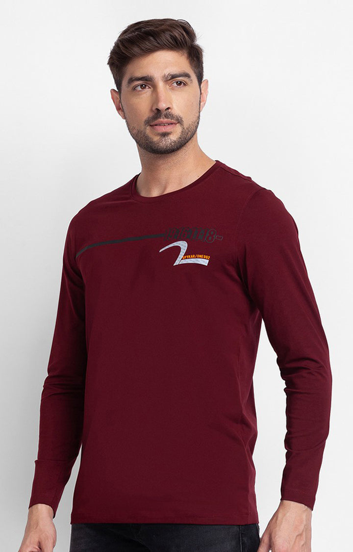 Spykar Wine Cotton Full Sleeve Printed Casual T-Shirt For Men