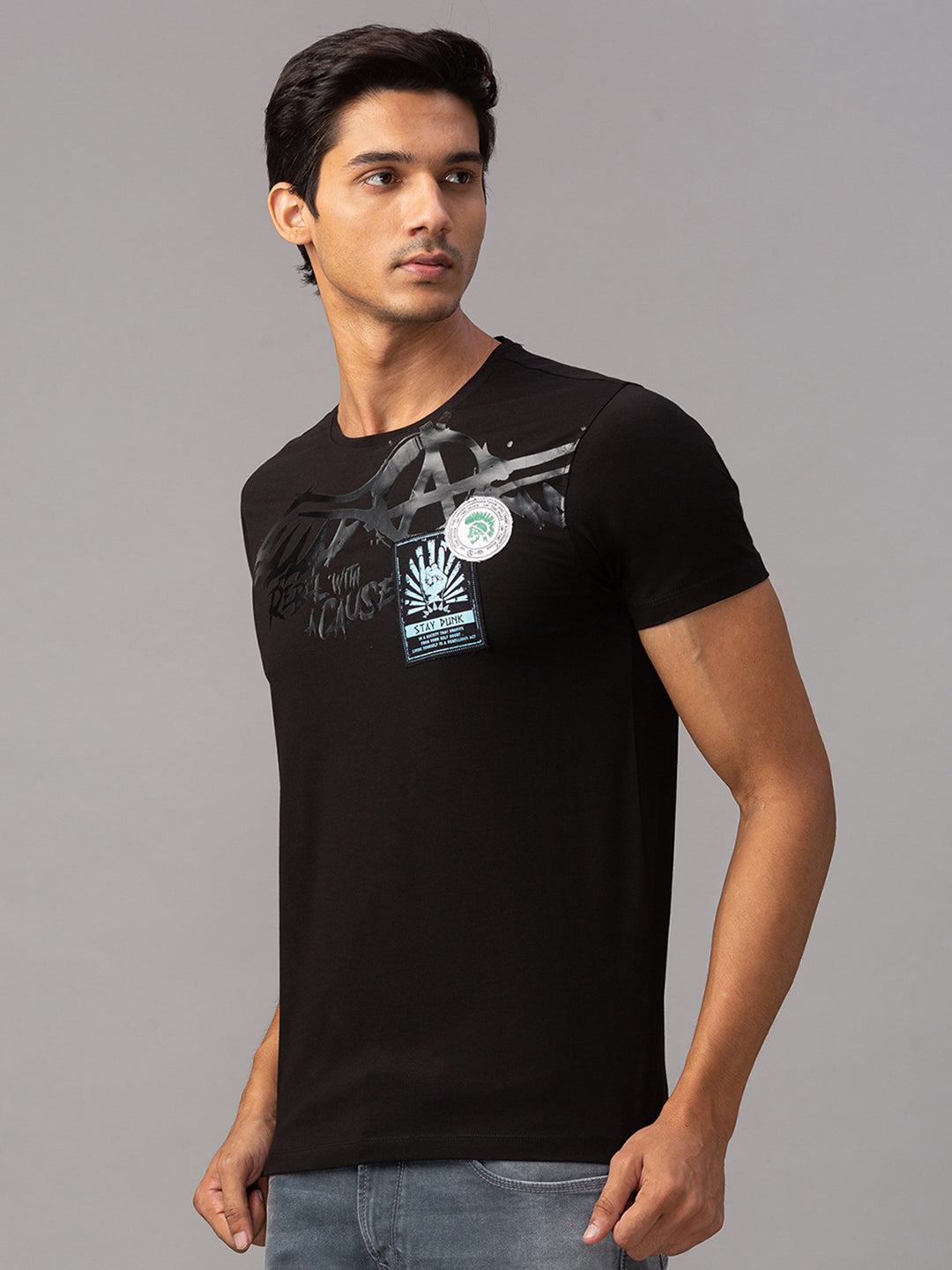 Spykar Men Black Cotton Slim Fit T-Shirt (Slim)