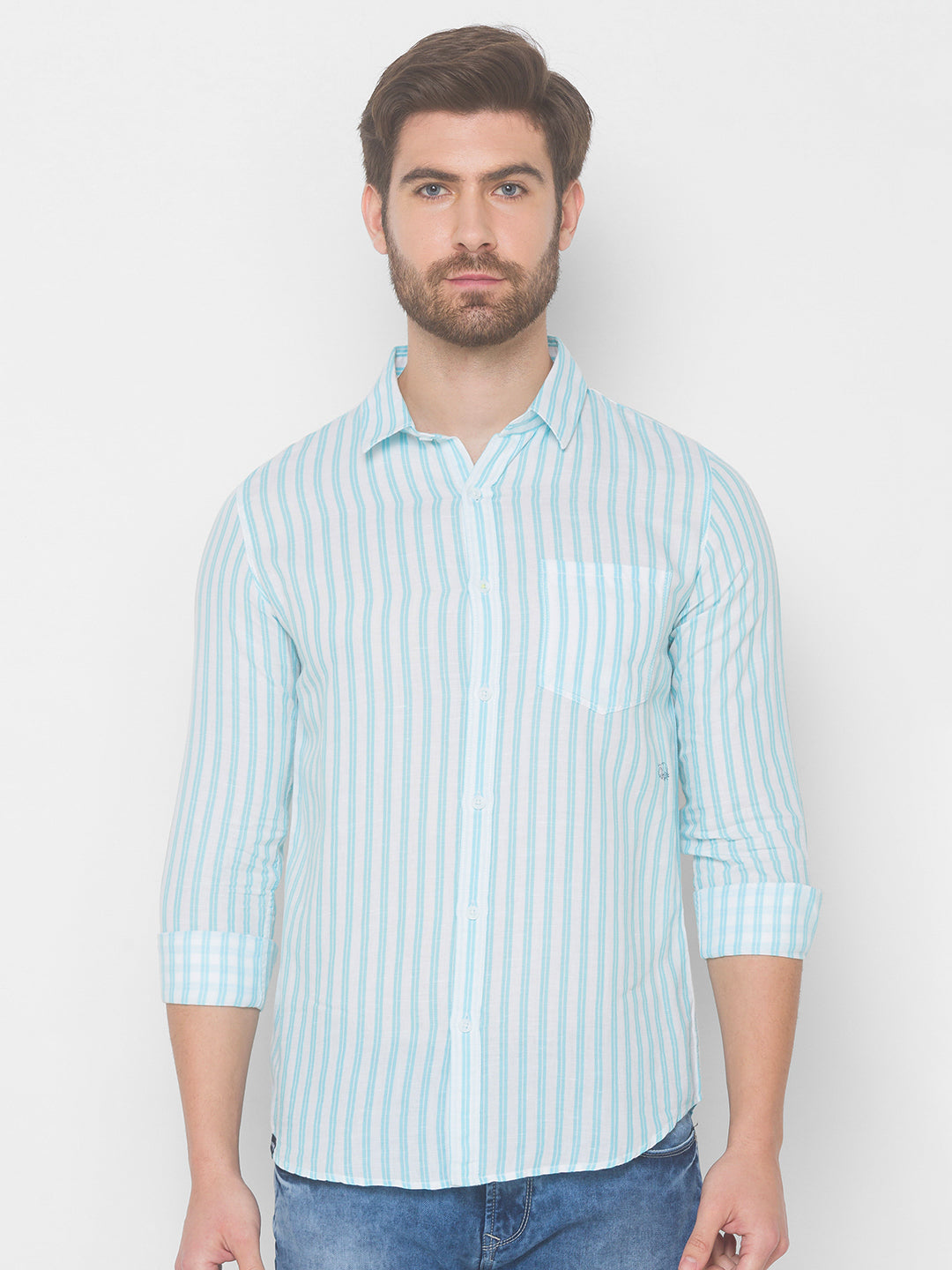 Spykar Men Aqua Blue Cotton Casual Slim Fit Shirt