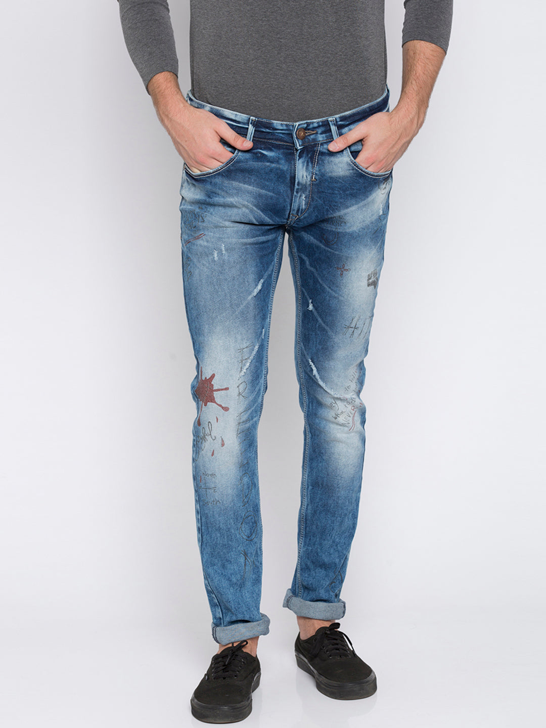 Spykar Men Mid Blue Printed Skinny Fit Jeans