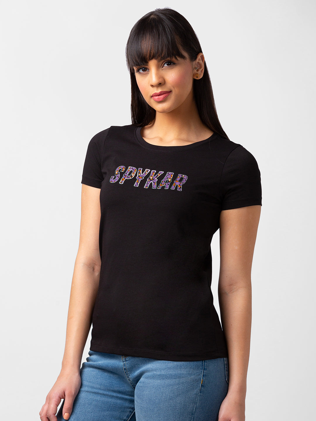 Spykar Women Black Blended Regular Fit Half Sleeve Printed T-Shirts