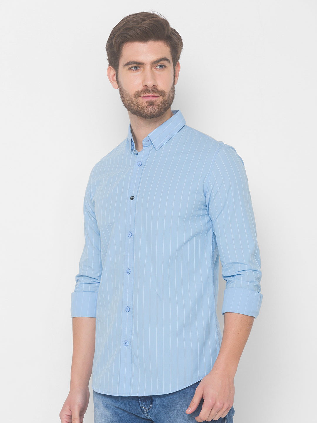 Spykar Men Sky Blue Cotton Slim Fit Shirt