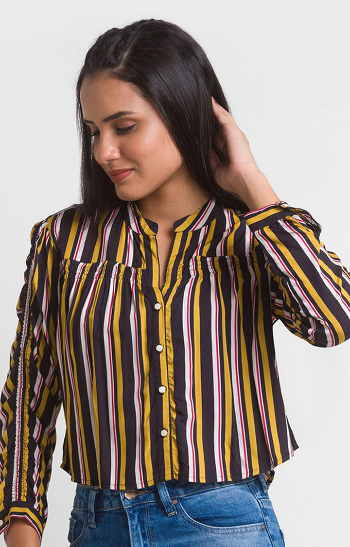 Spykar Mustard Multi Stripe Cotton Full Sleeve Striped Shirts For Women