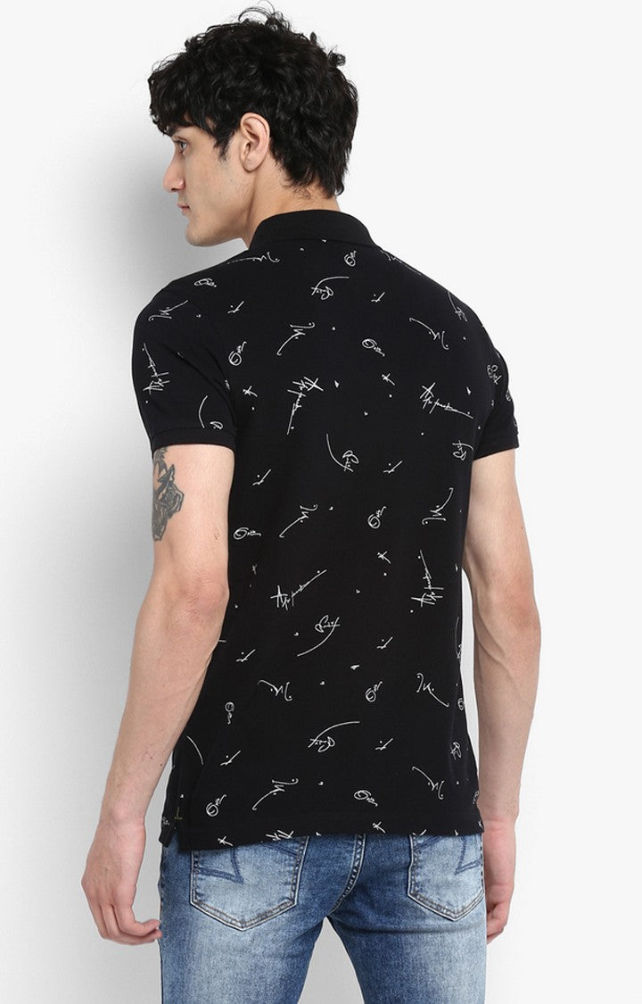 Spykar Jet Black Printed Slim Fit Polos T-Shirt