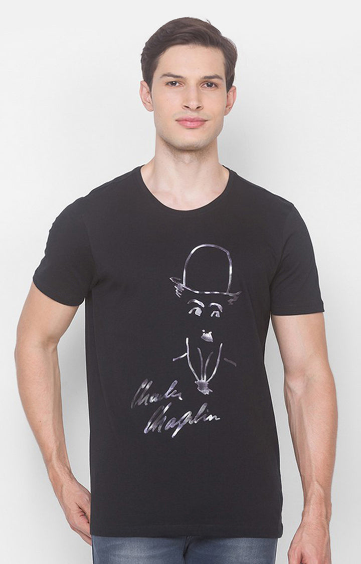 Charlie Chaplin Spykar Men Black Cotton Slim Fit Round Neck Printed T-Shirt