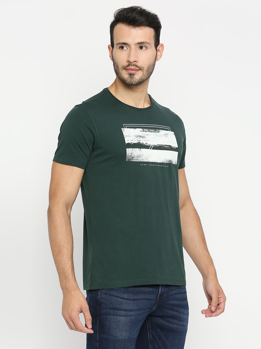 Spykar Bottle Green Cotton Half Sleeve Printed Casual T-Shirt For Men