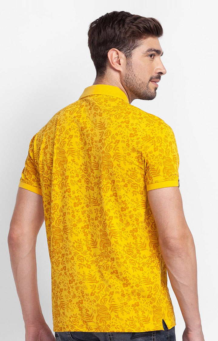 Spykar Sulphur Yellow Cotton Half Sleeve Printed Casual Polo T-Shirt For Men