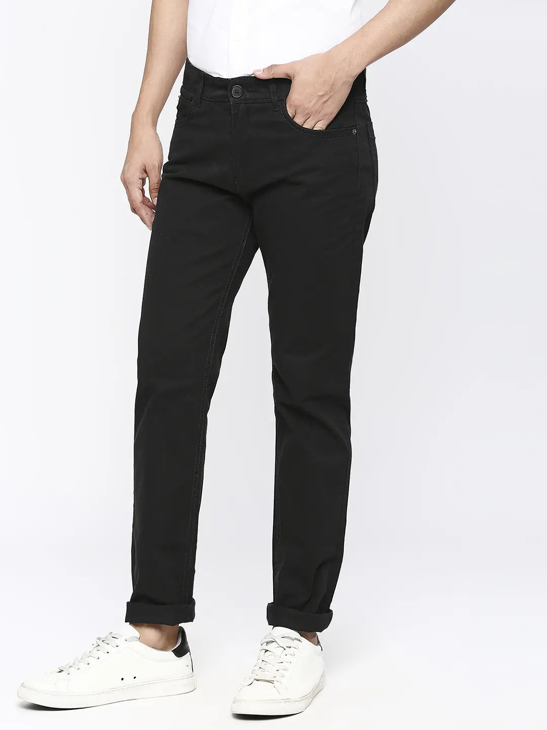 Spykar Men Black Cotton Slim Fit Casual Trousers