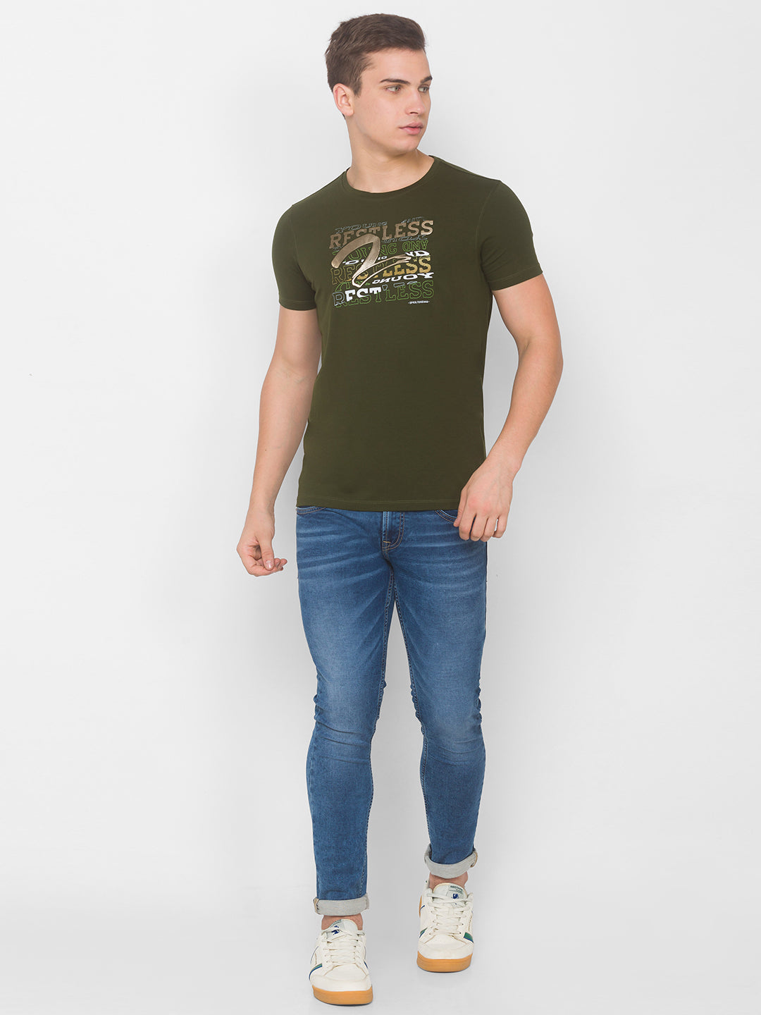 Spykar Men Green Cotton Slim Fit Round Neck T-Shirt