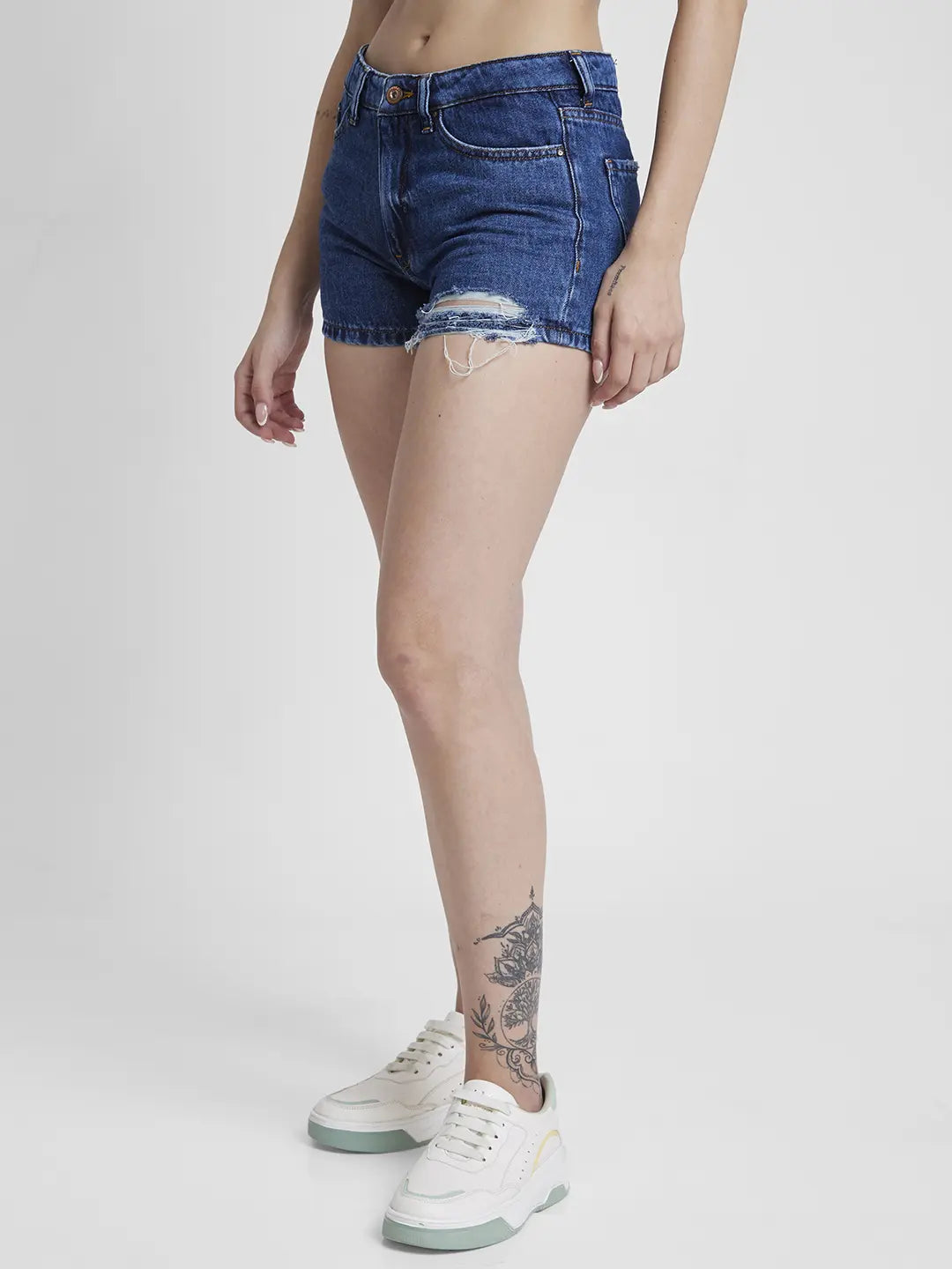 Spykar Women Dark Blue Cottom Slim Fit Above Knee Length Denim Shorts