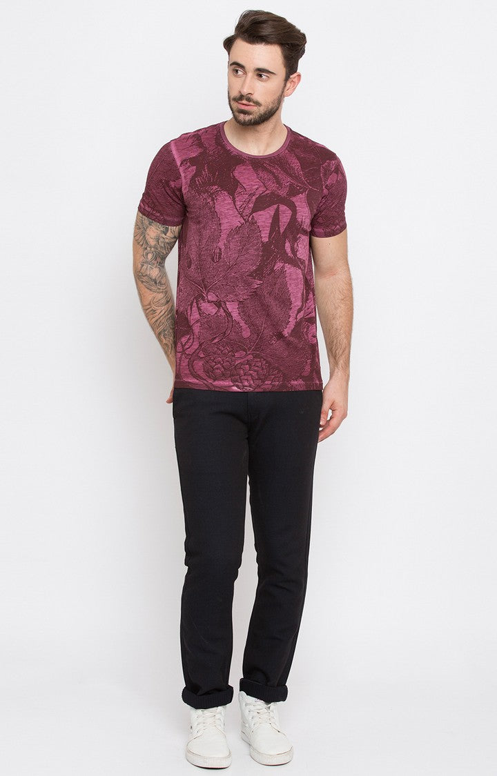 Spykar Wine Printed Slim Fit Men T-Shirts