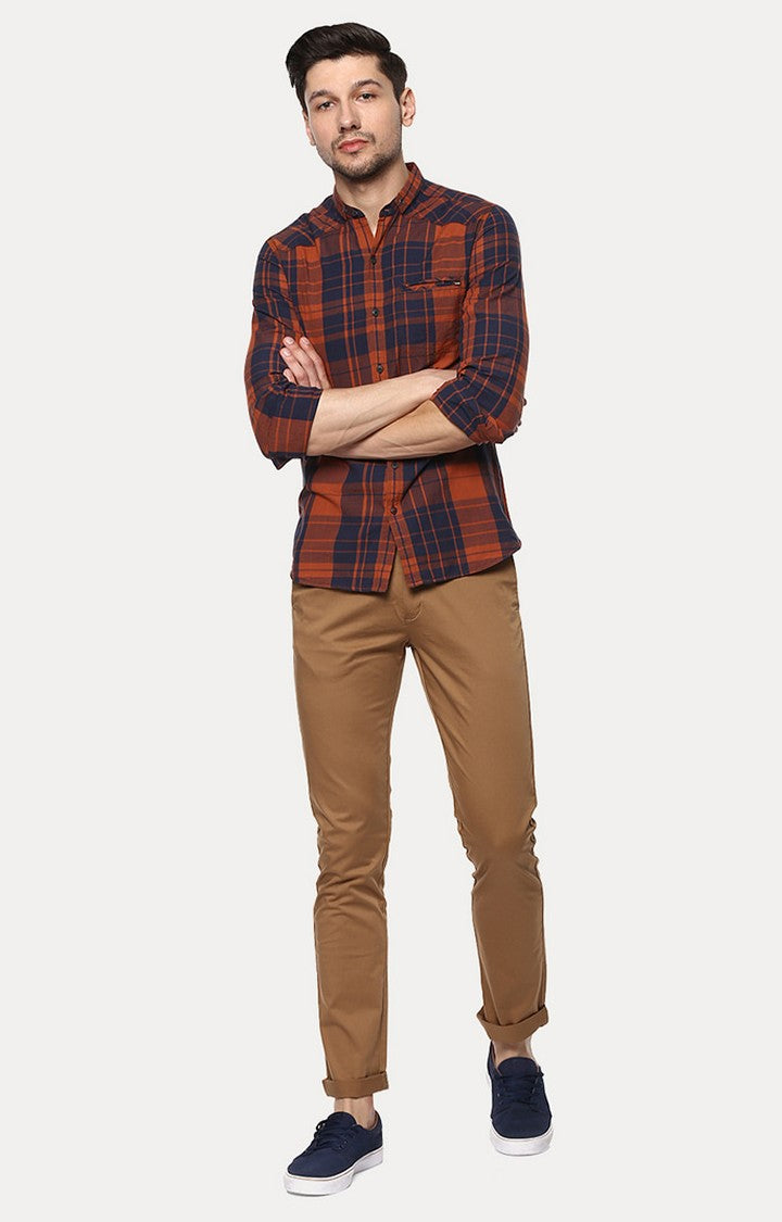 Spykar Men'S Orange Cotton Checked Casual Shirts