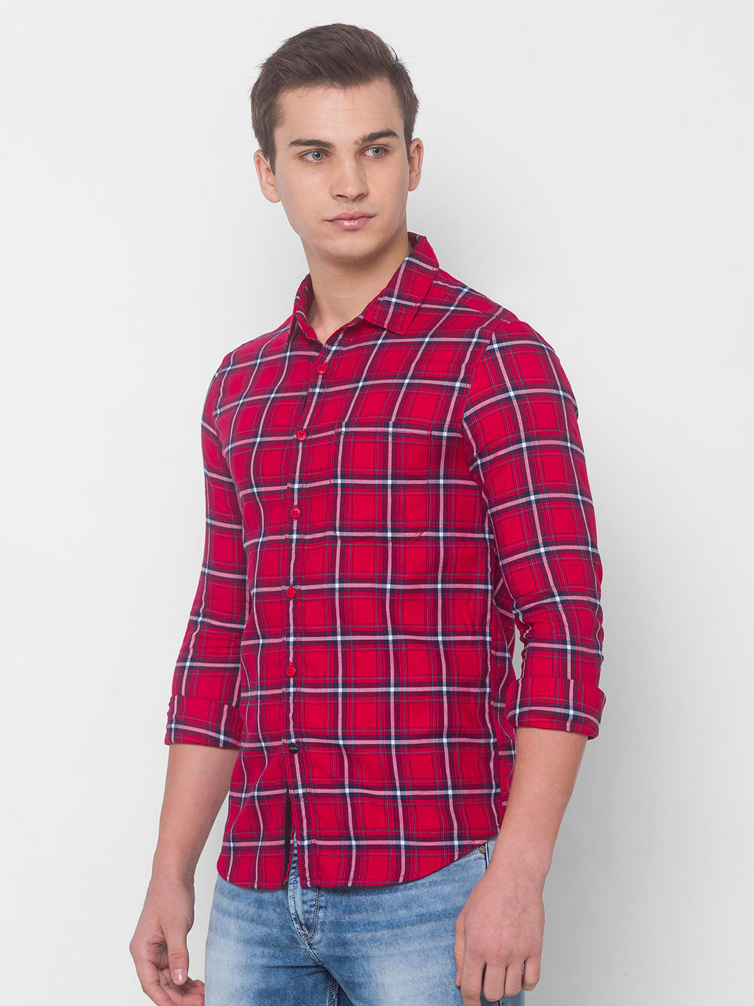 Spykar Men Red Cotton Slim Fit Shirt