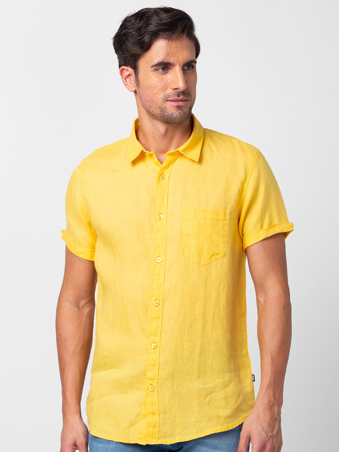 Spykar Men Chrome Yellow Cotton Slim Fit Plain Shirt