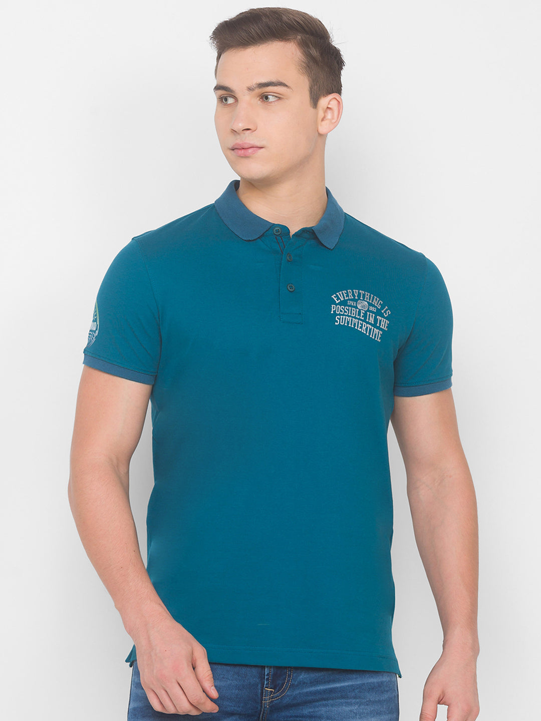 Spykar Men Dusty Turquoise Blended T-Shirt (Slim)