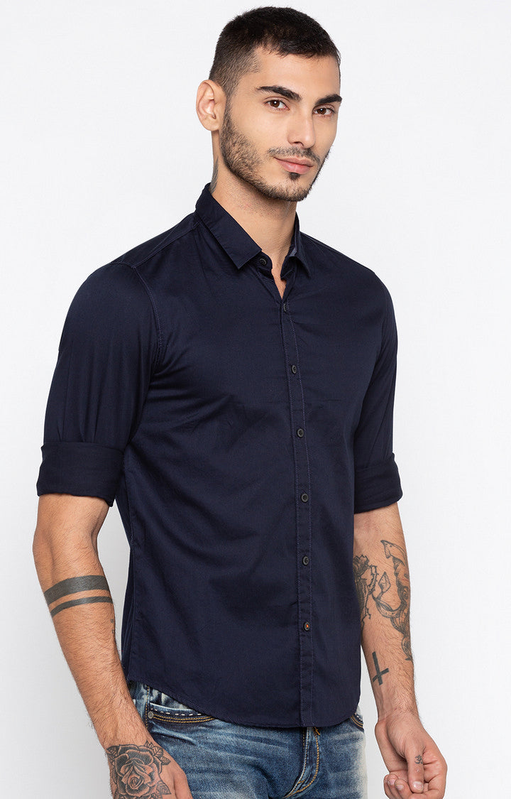 Spykar Men'S Blue Cotton Solid Casual Shirts