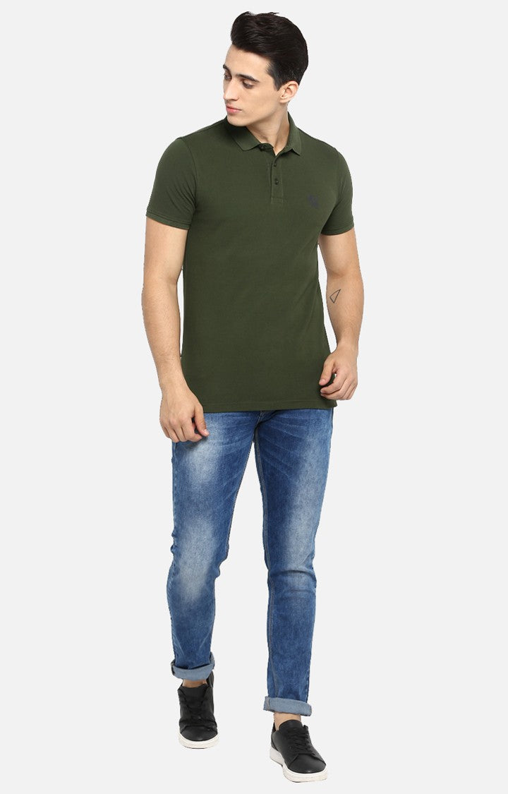 Spykar Olive Solid Slim Fit Polos T-Shirt