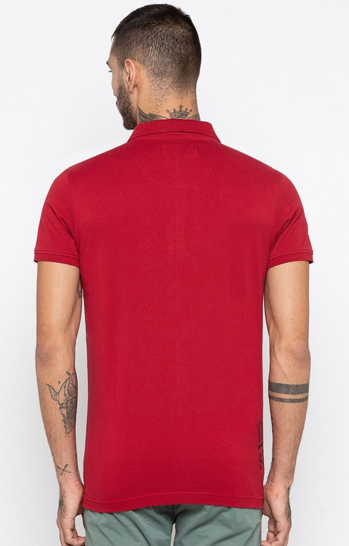 Spykar Red Printed Slim Fit Polo T-Shirt