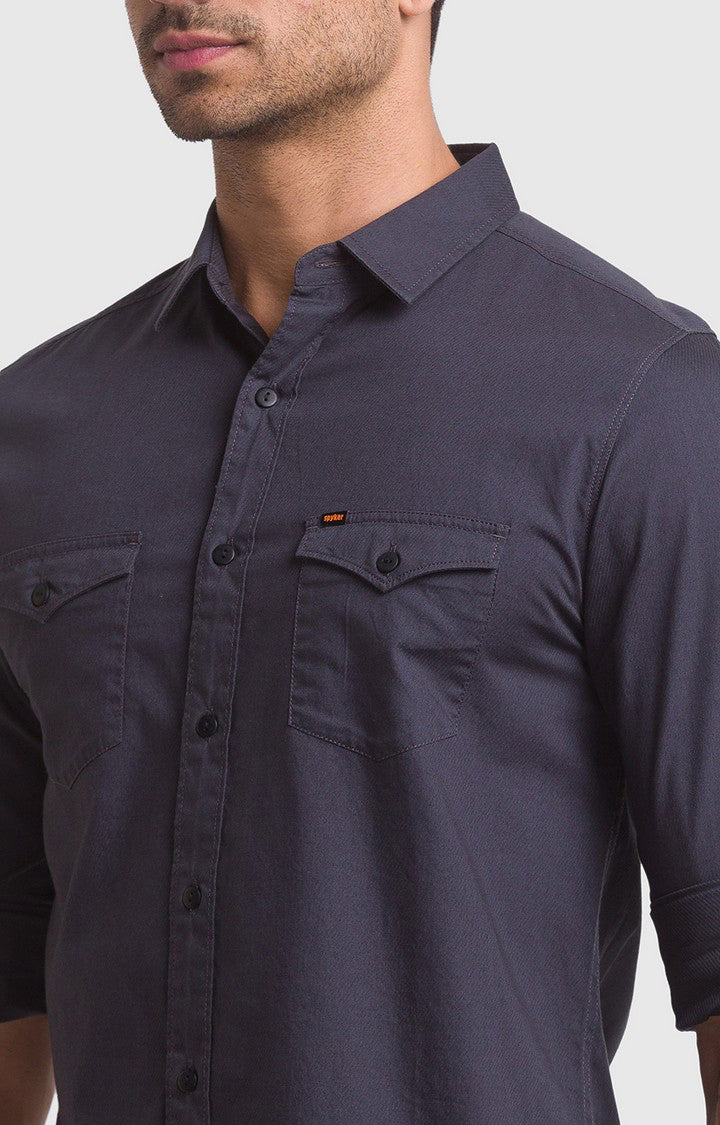 Spykar Charcoal Grey Cotton Full Sleeve Plain Shirt For Men