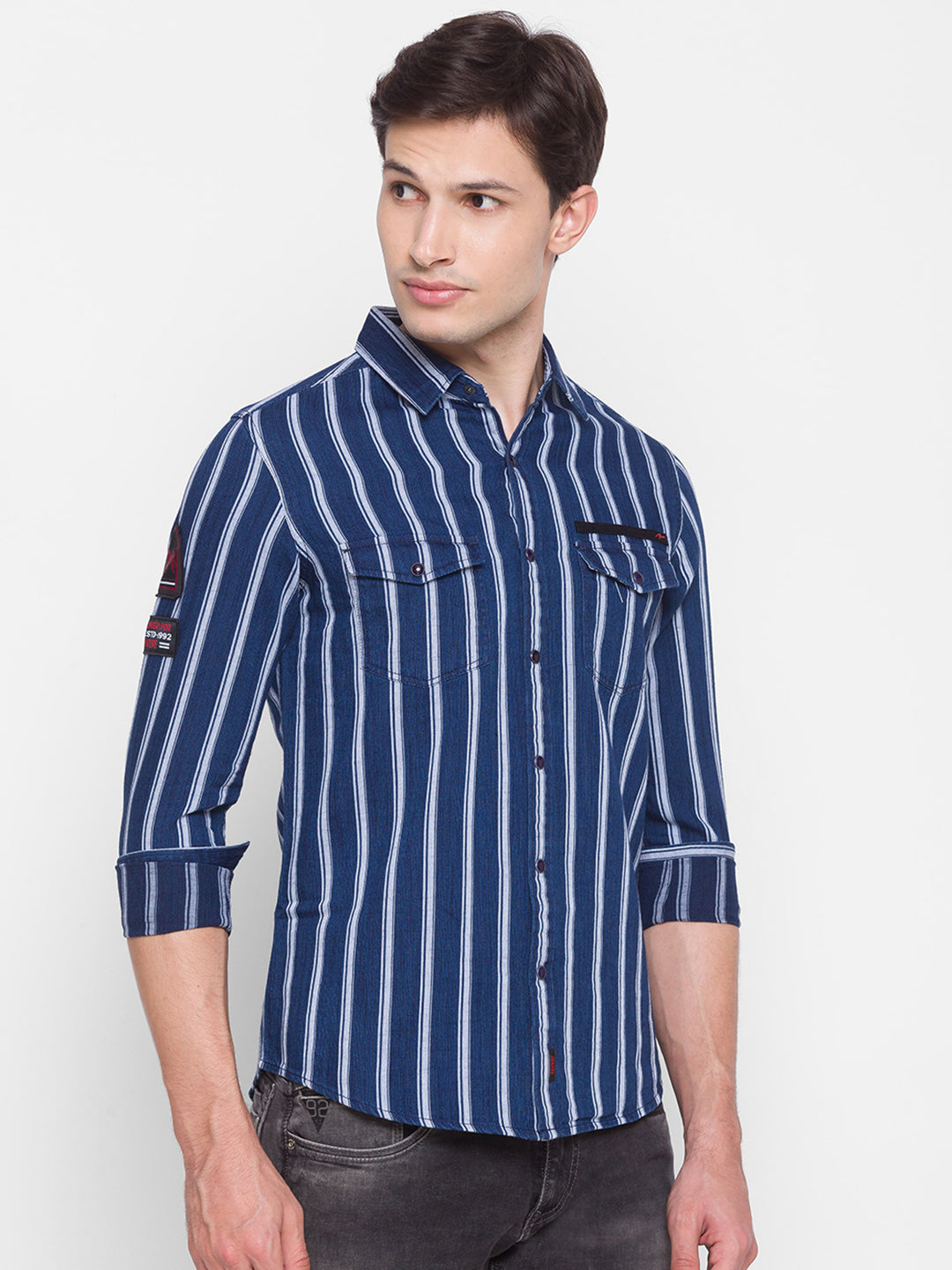 Spykar Slim Fit Blue Cotton Men Shirt