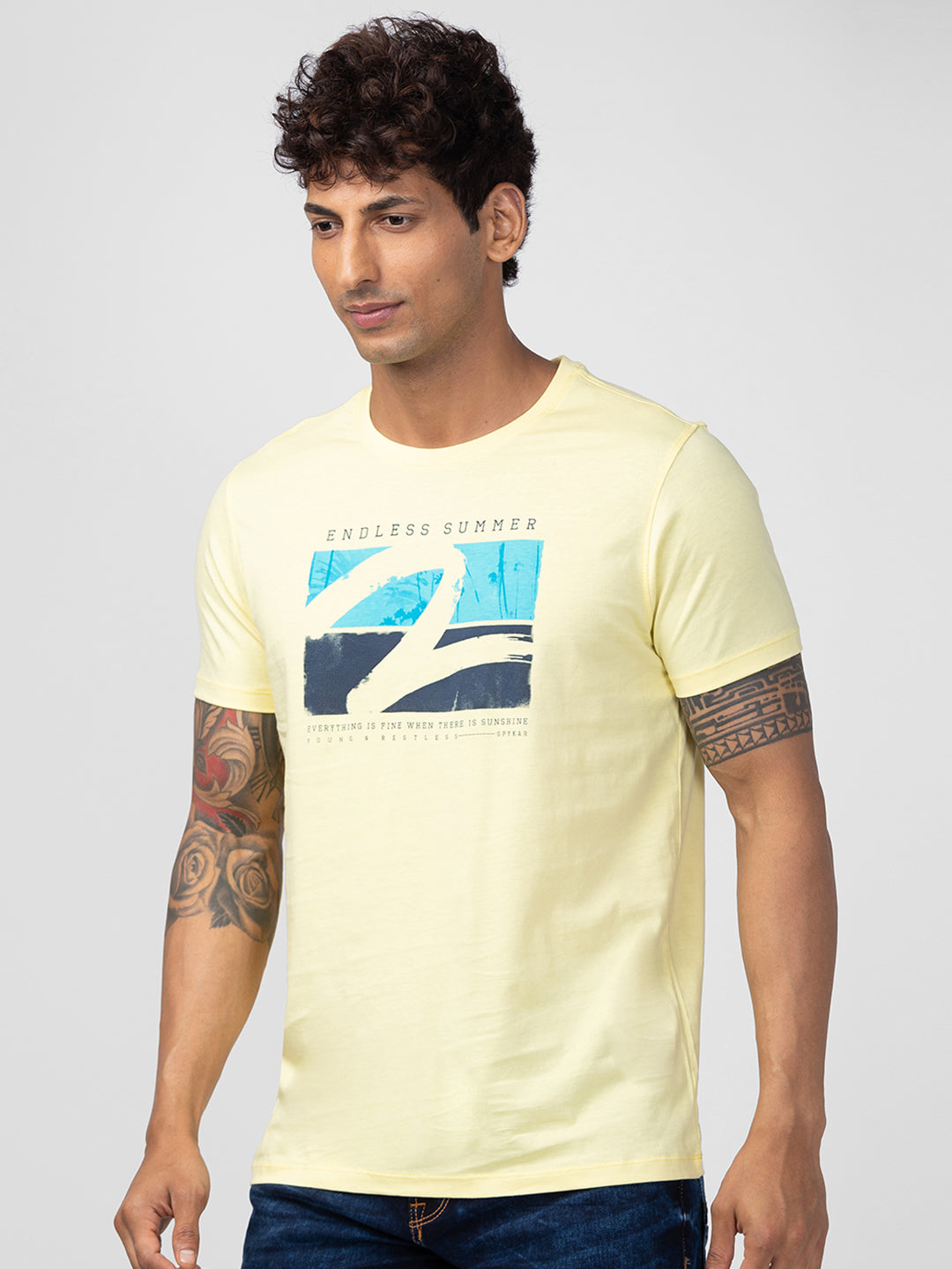 Spykar Men Powder Yellow Cotton Regular Fit Half Sleeve Printed T-Shirt