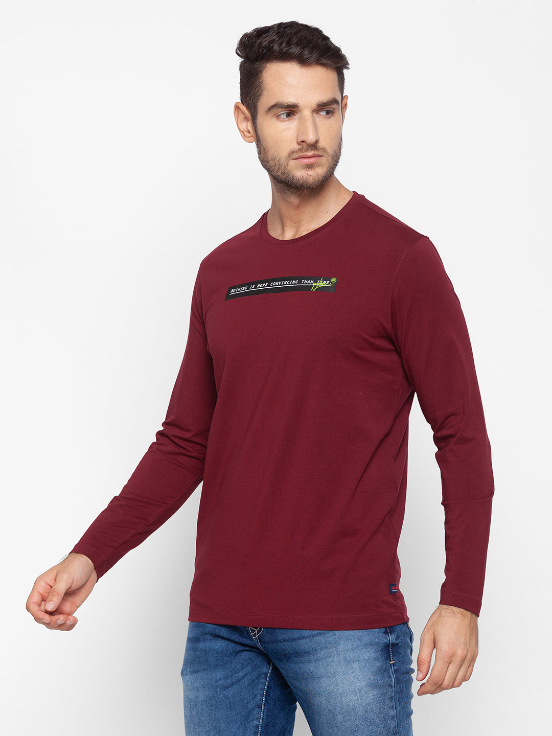 Spykar Men Red Cotton Slim Fit Round Neck T-Shirt