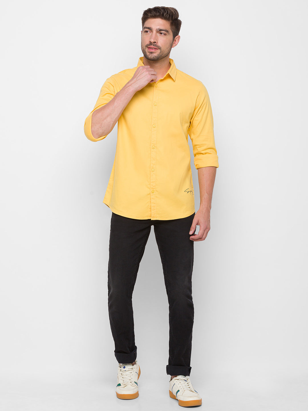 Spykar Yellow Cotton Slim Fit Shirts For Men