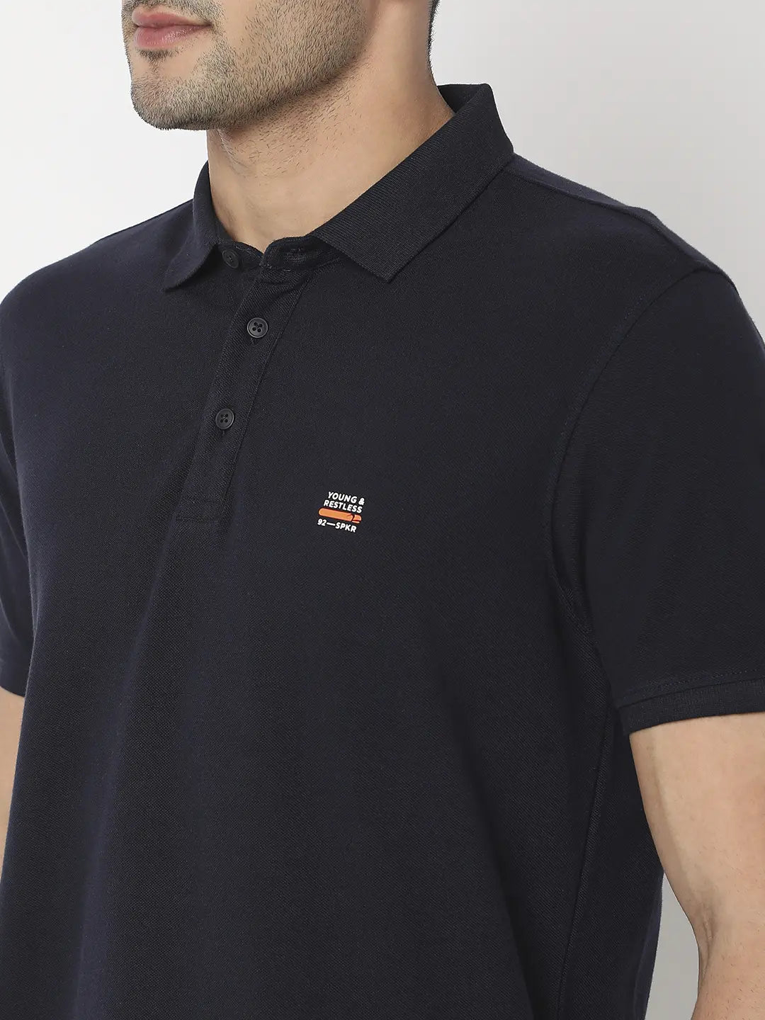 Spykar Men Navy Blue Cotton Regular Fit Plain Polo Tshirt