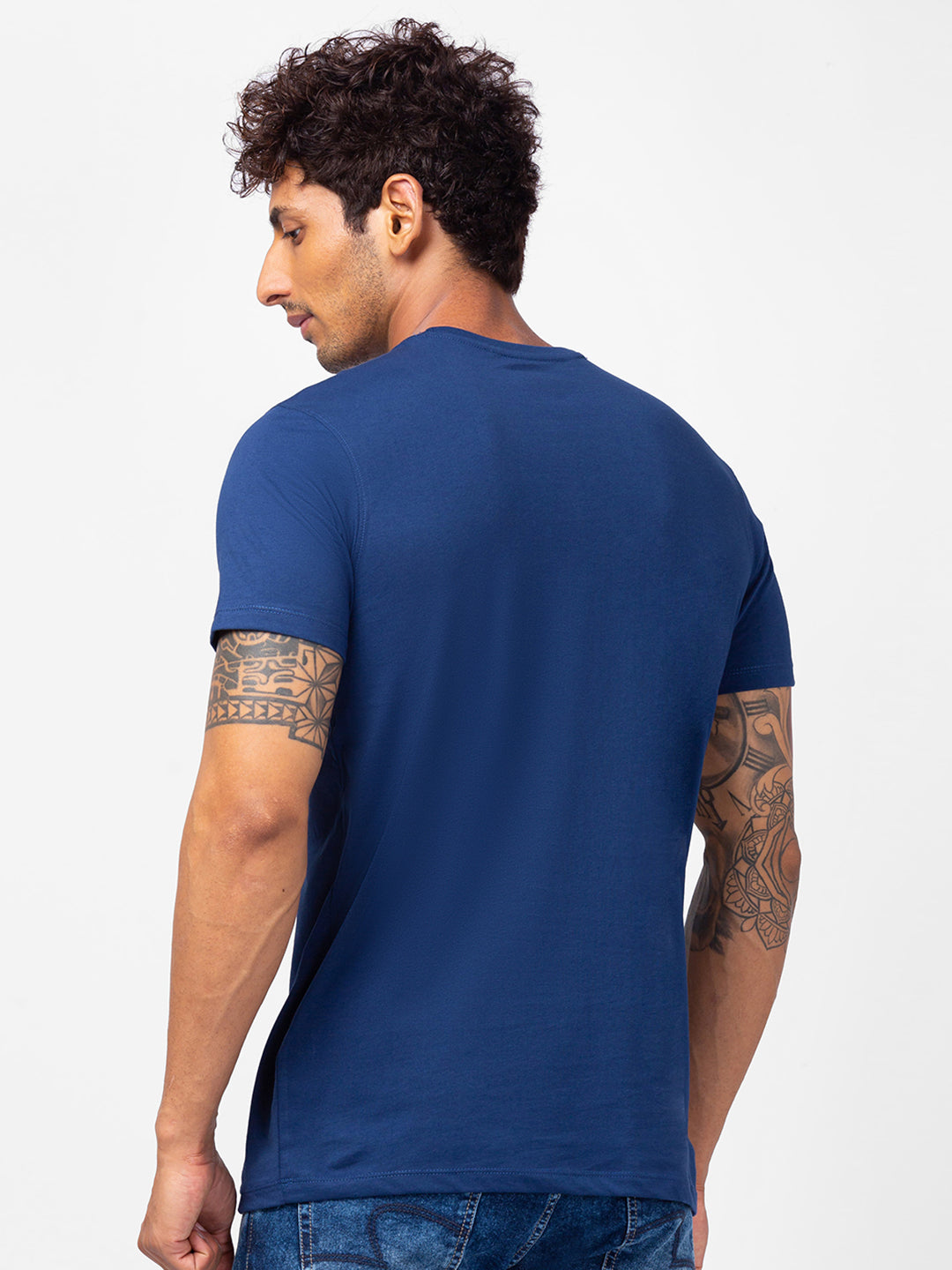 Spykar Men Indigo Blue Cotton Slim Fit Round Neck Plain T-Shirt