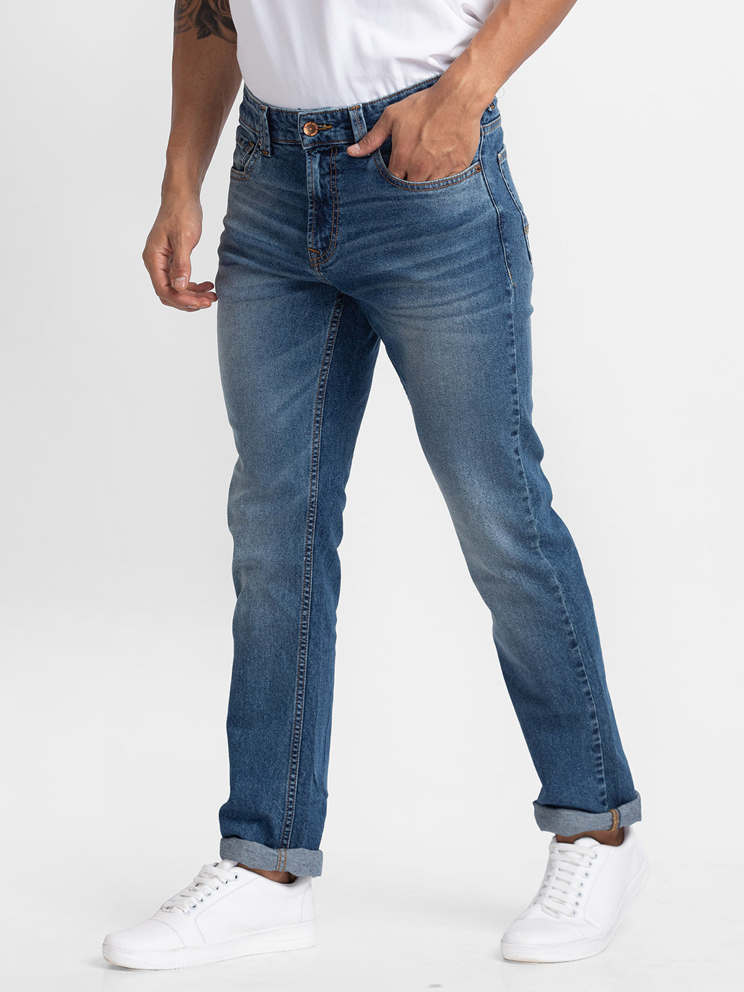 Spykar Vintage Blue Cotton Comfort Fit Straight Length Jeans For Men (Ricardo)