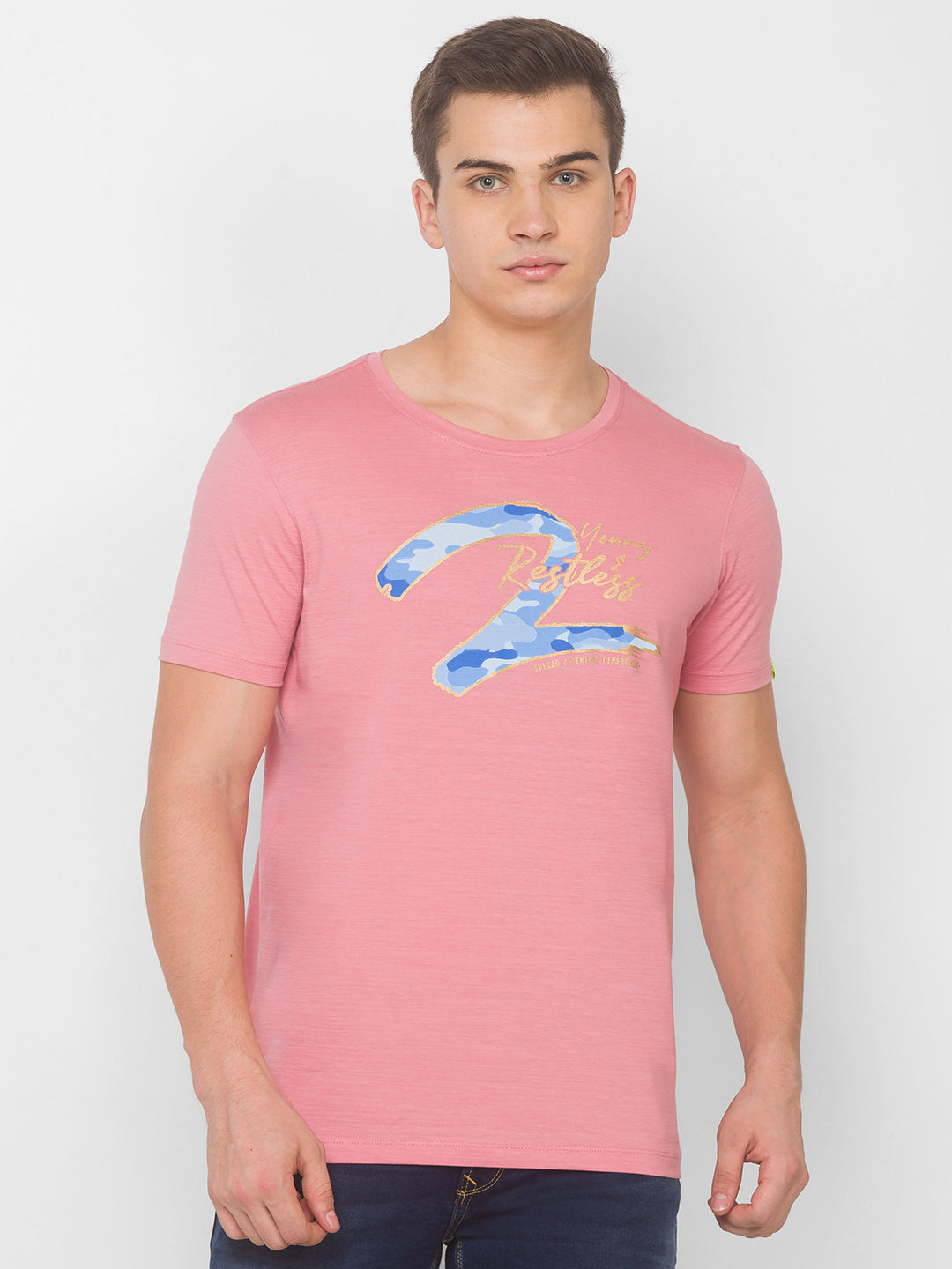 Spykar Men Pink Cotton Slim Fit Round Neck T-Shirt