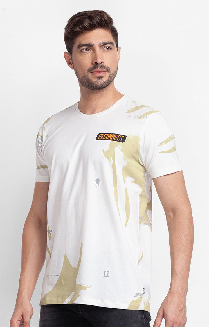 Spykar Ecru Cotton Half Sleeve Printed Casual T-Shirt For Men