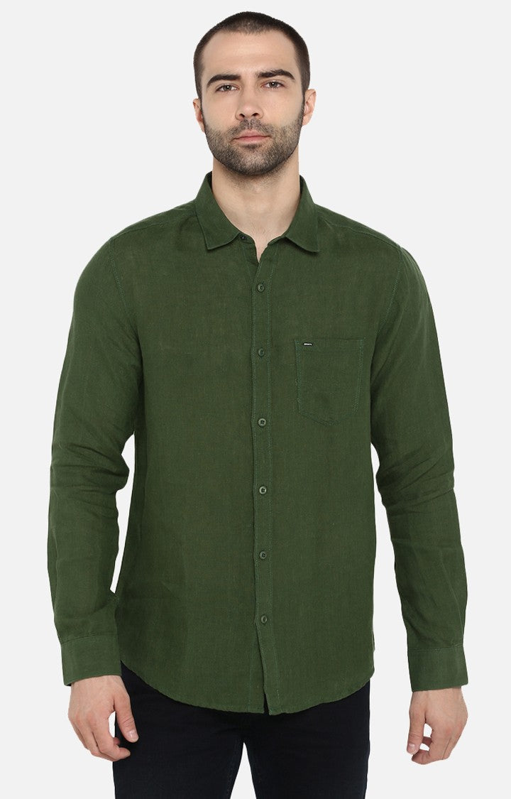 Spykar Men'S Green Linen Solid Casual Shirts