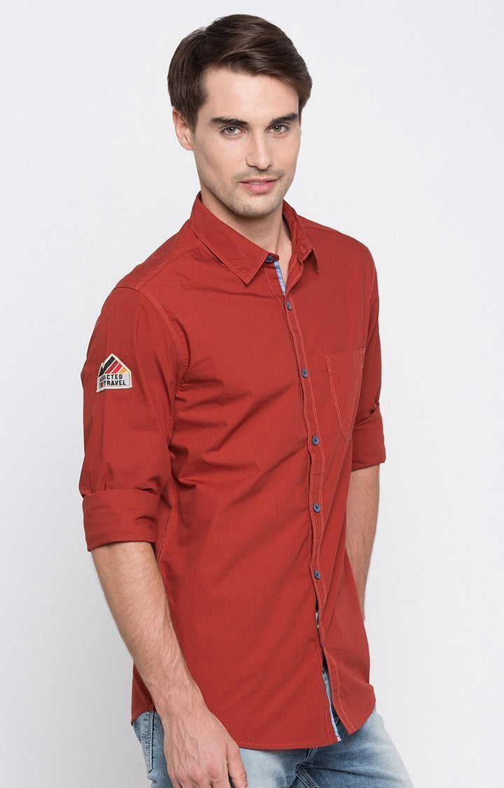 Spykar Men'S Red Cotton Solid Casual Shirts